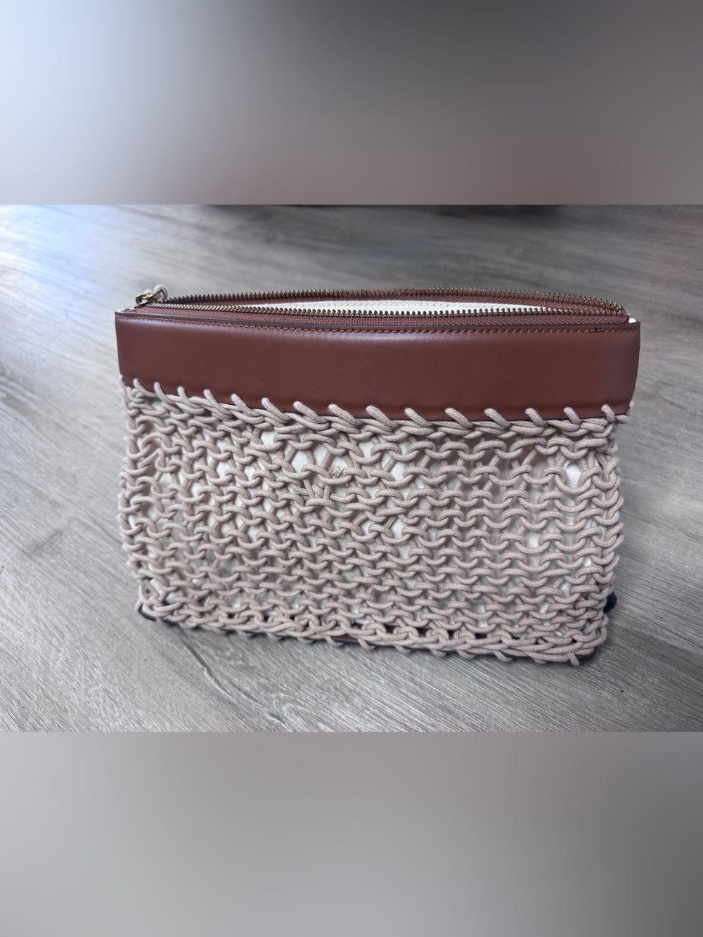 Zara Brown Trim Woven Clutch with Cream Knit Panel